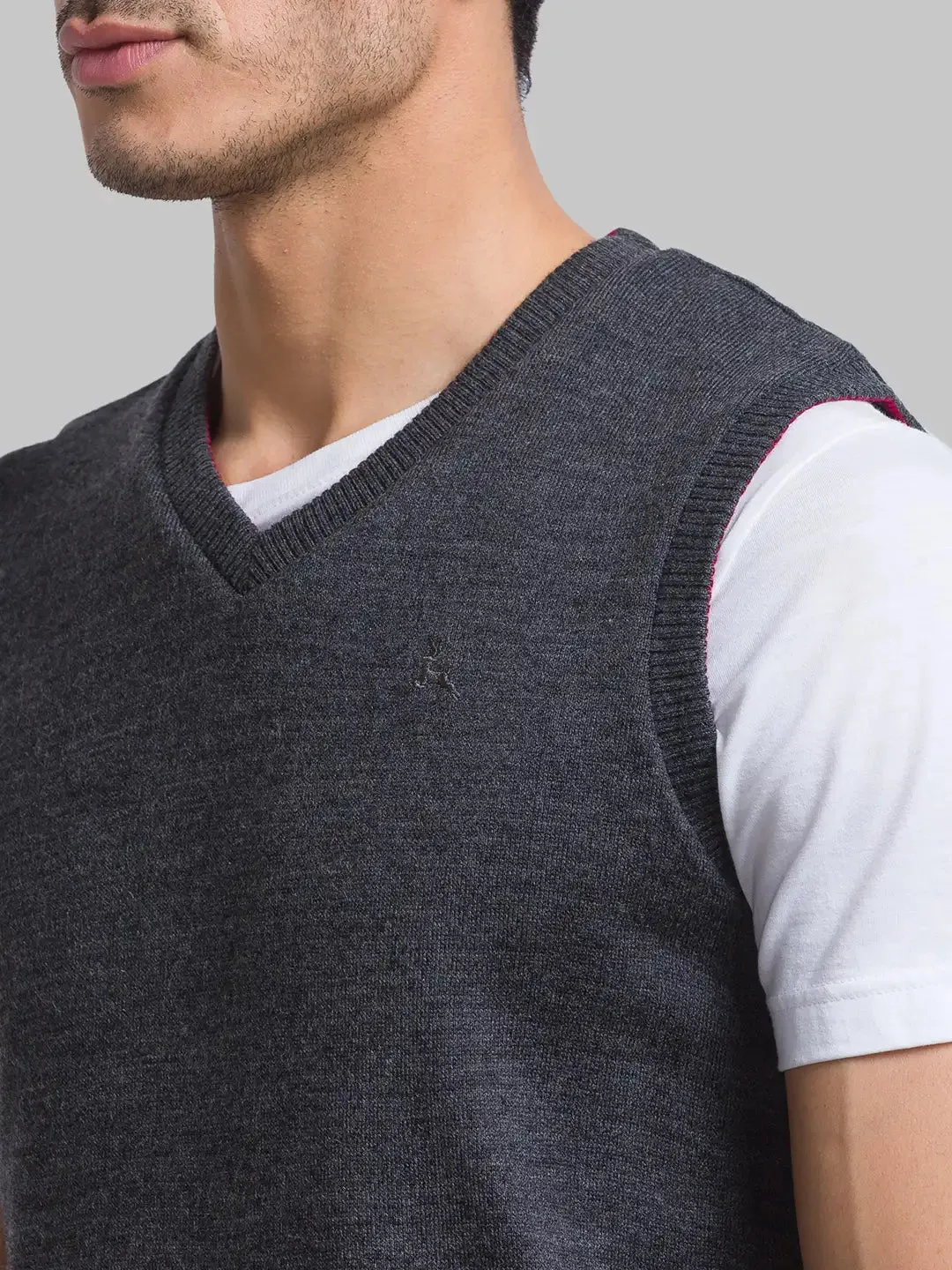 Men Grey Solid Acrylic Sleeveless Sweaters