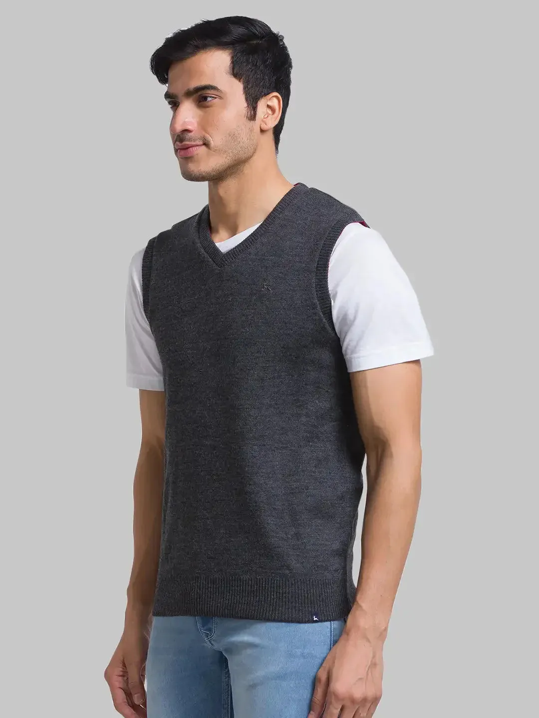 Men Grey Solid Acrylic Sleeveless Sweaters
