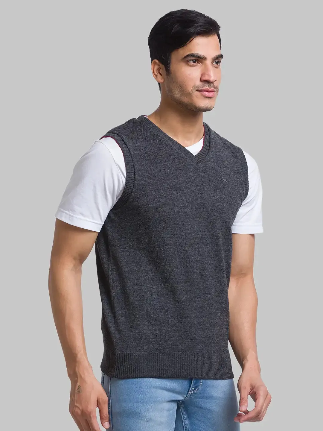 Men Grey Solid Acrylic Sleeveless Sweaters