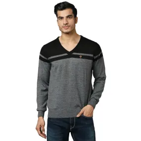 Men Grey Stripe Acrylic Wool Blend Full Sleeve V Neck Collar Sweaters