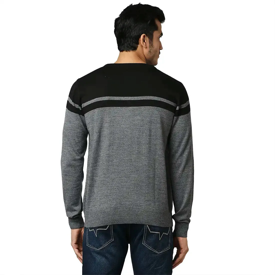 Men Grey Stripe Acrylic Wool Blend Full Sleeve V Neck Collar Sweaters