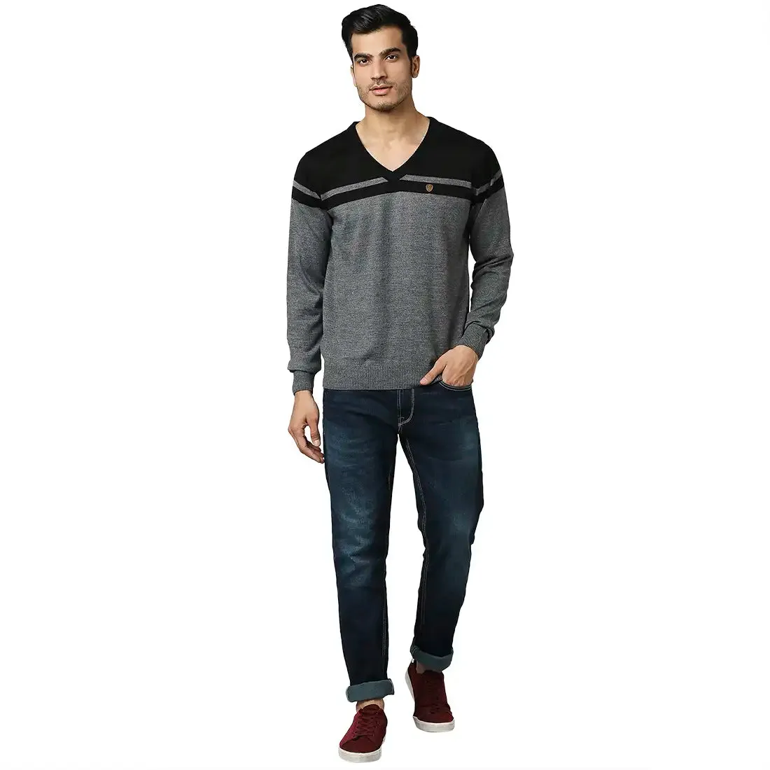 Men Grey Stripe Acrylic Wool Blend Full Sleeve V Neck Collar Sweaters