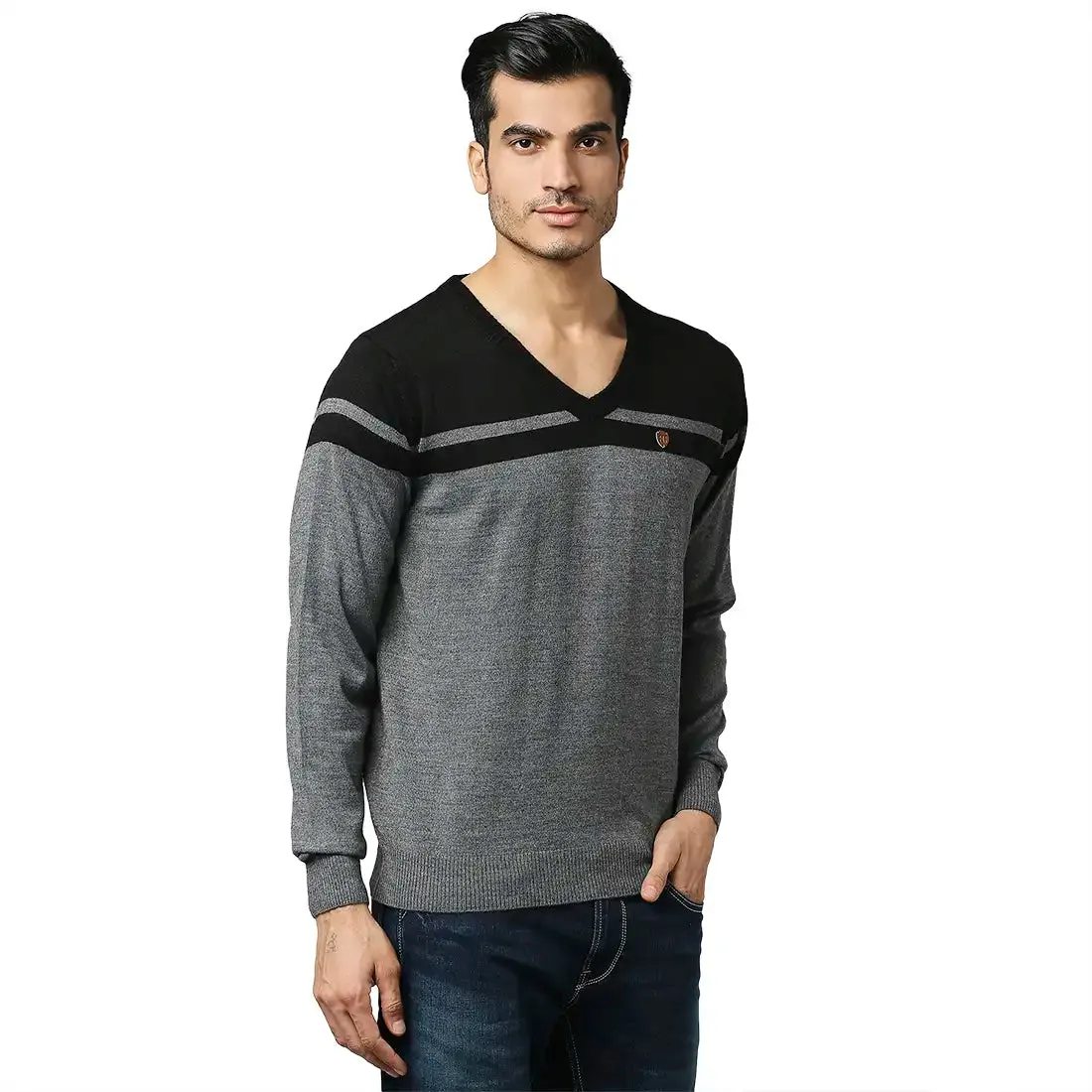 Men Grey Stripe Acrylic Wool Blend Full Sleeve V Neck Collar Sweaters