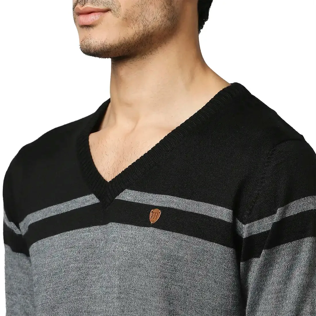 Men Grey Stripe Acrylic Wool Blend Full Sleeve V Neck Collar Sweaters