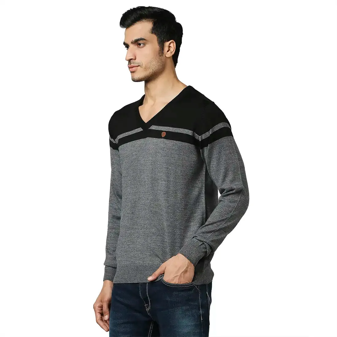 Men Grey Stripe Acrylic Wool Blend Full Sleeve V Neck Collar Sweaters