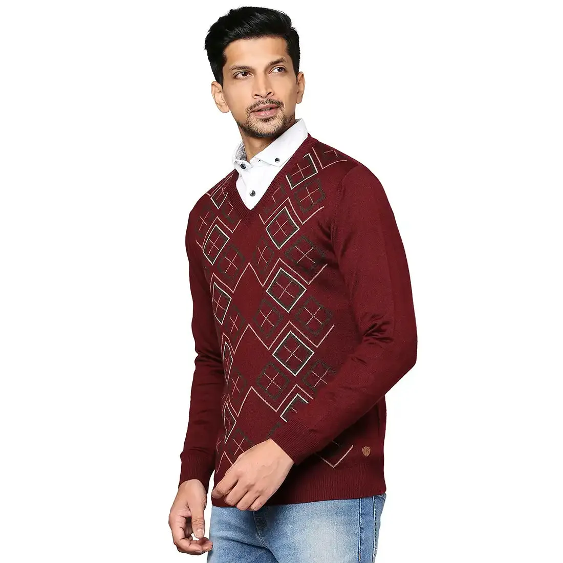 Men Maroon Argyle Wool Blend Full Sleeve V Neck Collar Sweaters