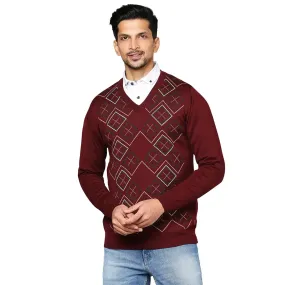 Men Maroon Argyle Wool Blend Full Sleeve V Neck Collar Sweaters