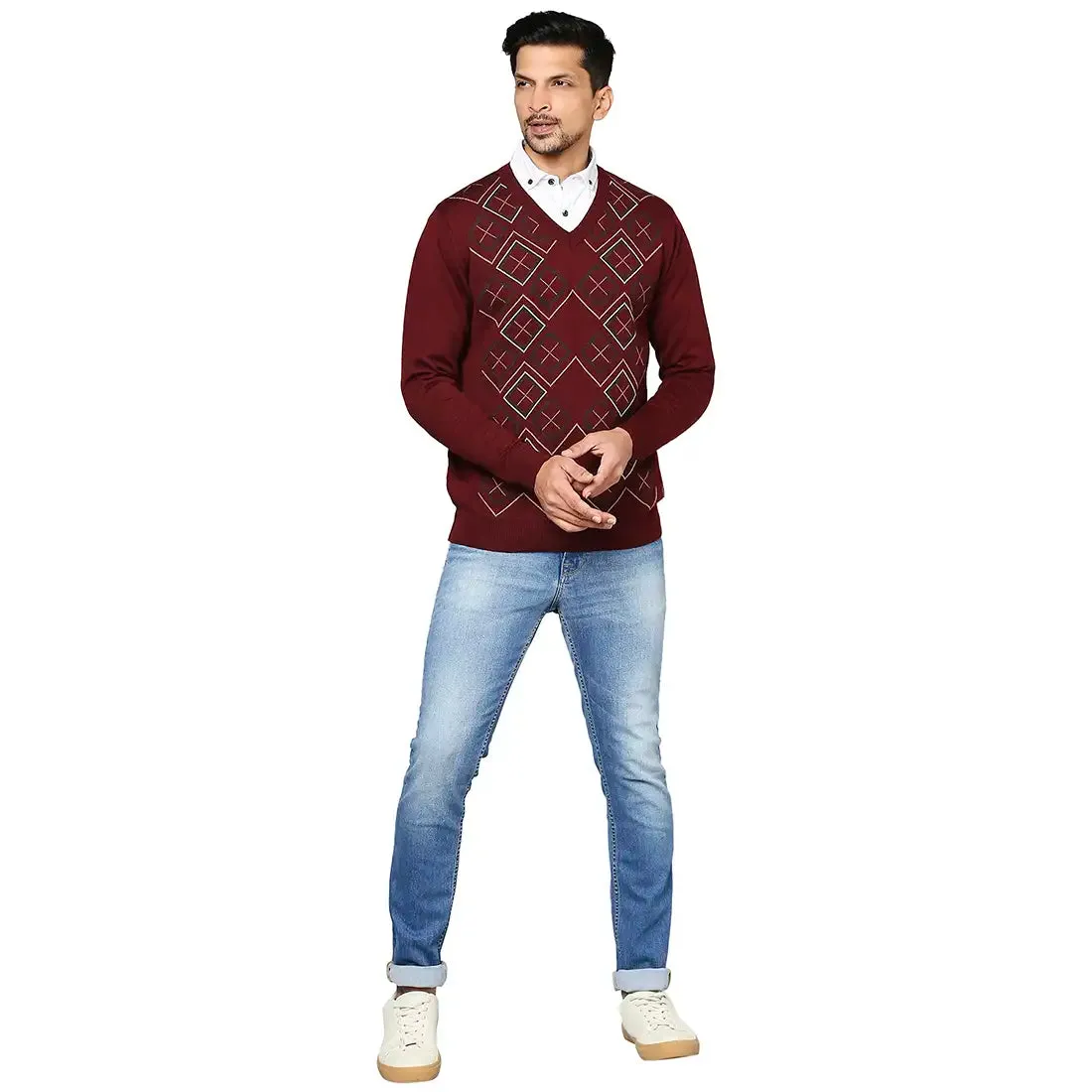 Men Maroon Argyle Wool Blend Full Sleeve V Neck Collar Sweaters