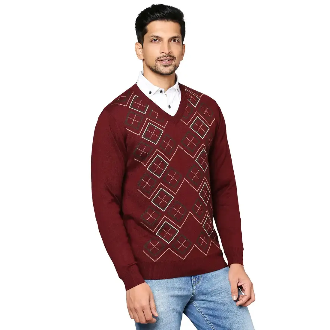 Men Maroon Argyle Wool Blend Full Sleeve V Neck Collar Sweaters