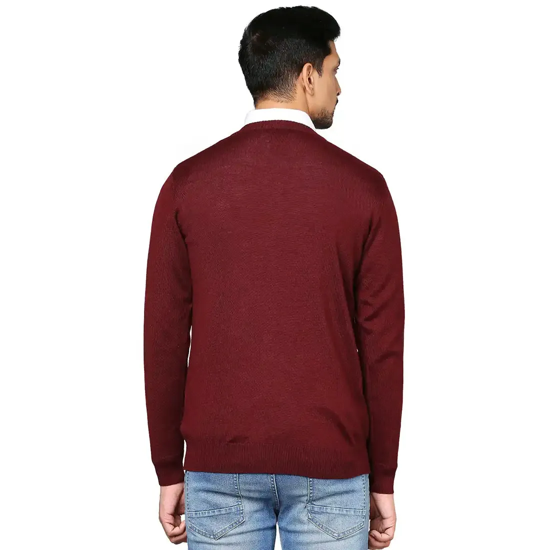 Men Maroon Argyle Wool Blend Full Sleeve V Neck Collar Sweaters