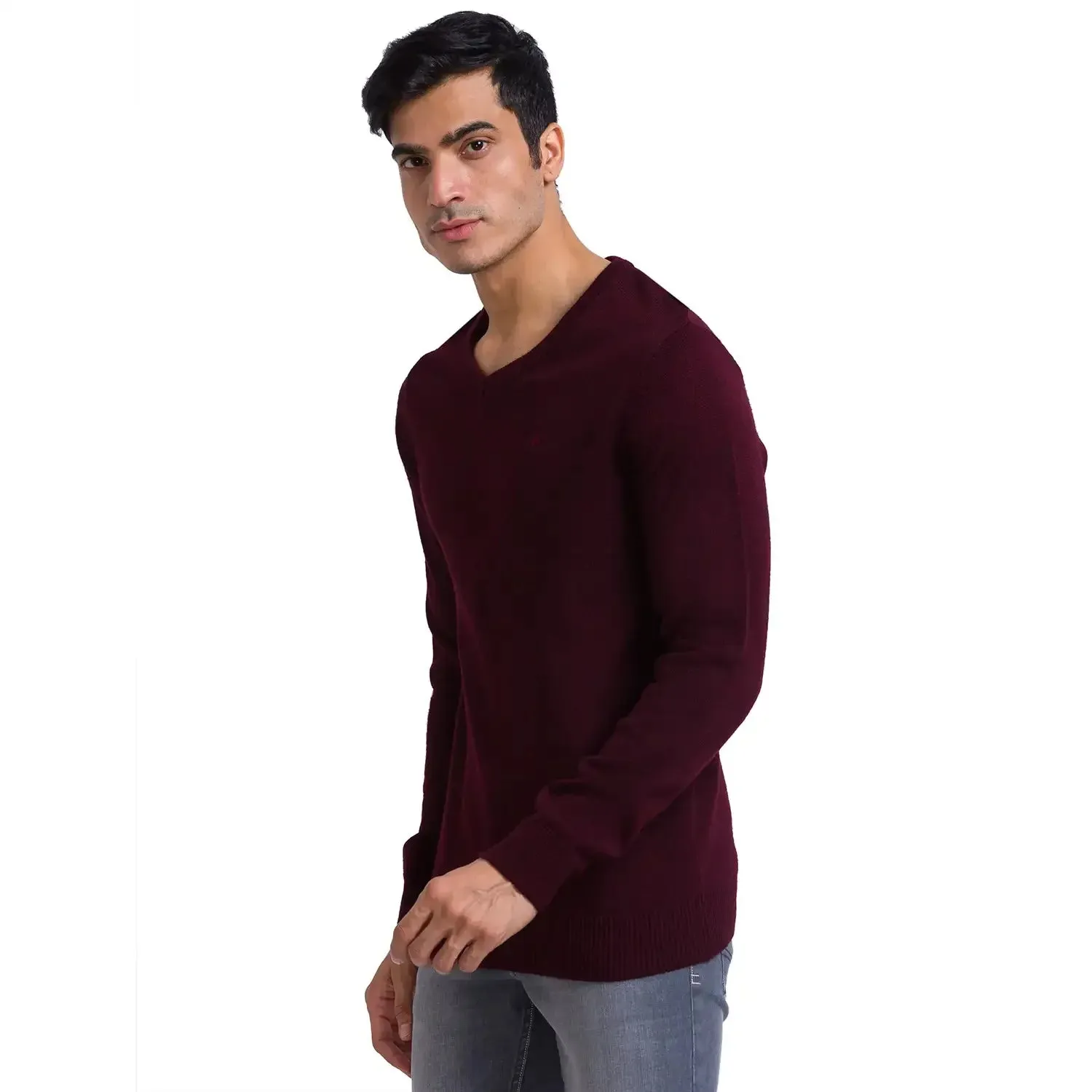 Men Maroon Solid Acrylic Full Sleeve Sweaters