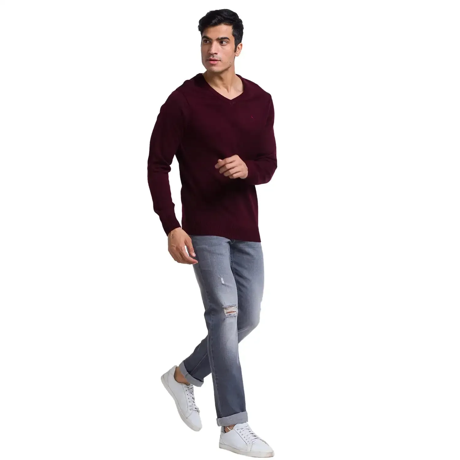 Men Maroon Solid Acrylic Full Sleeve Sweaters