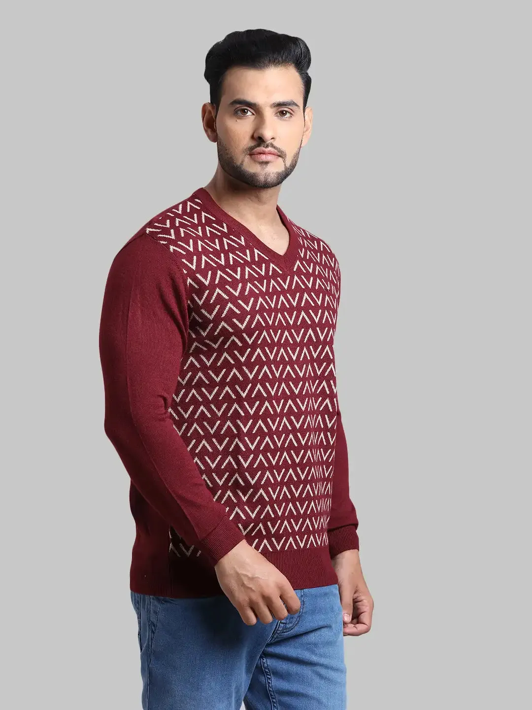 Men Maroon Tailored Fit Jacquard Acrylic Wool Blend Full Sleeve V Neck Collar Sweaters