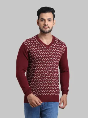 Men Maroon Tailored Fit Jacquard Acrylic Wool Blend Full Sleeve V Neck Collar Sweaters