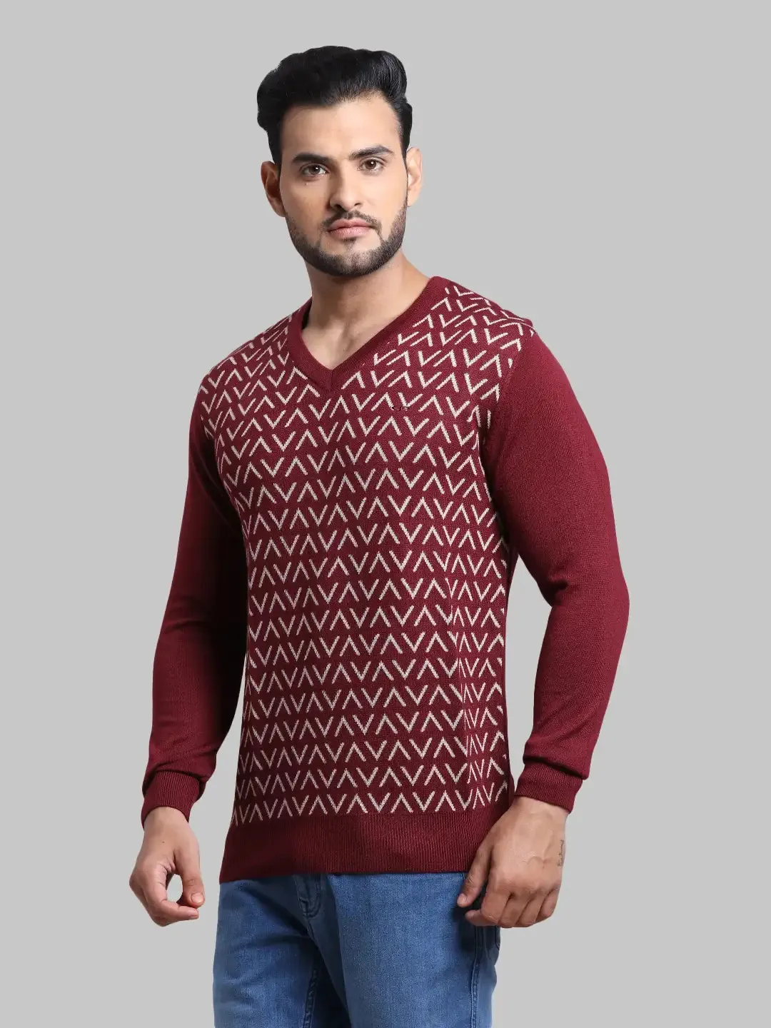 Men Maroon Tailored Fit Jacquard Acrylic Wool Blend Full Sleeve V Neck Collar Sweaters