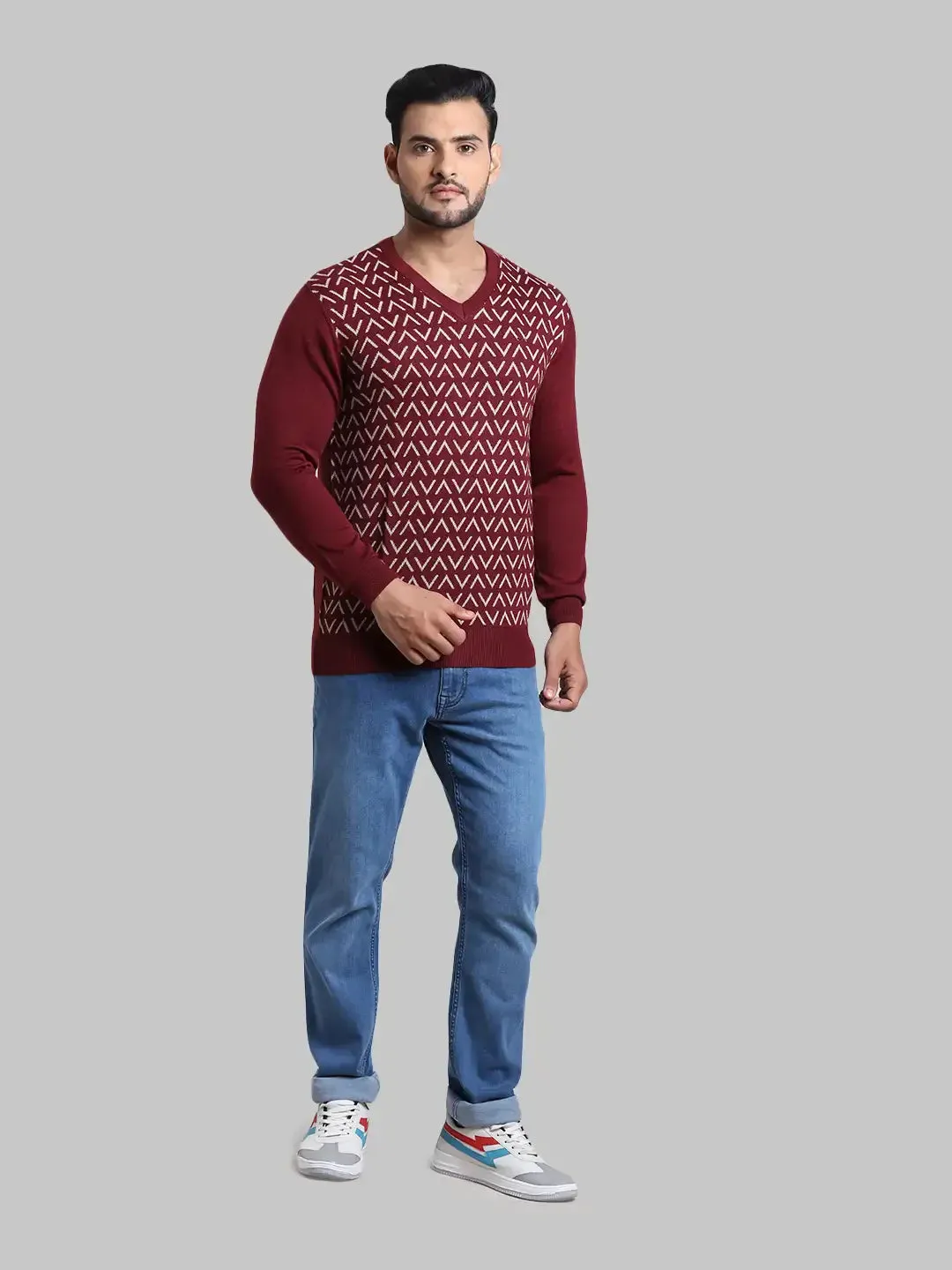 Men Maroon Tailored Fit Jacquard Acrylic Wool Blend Full Sleeve V Neck Collar Sweaters
