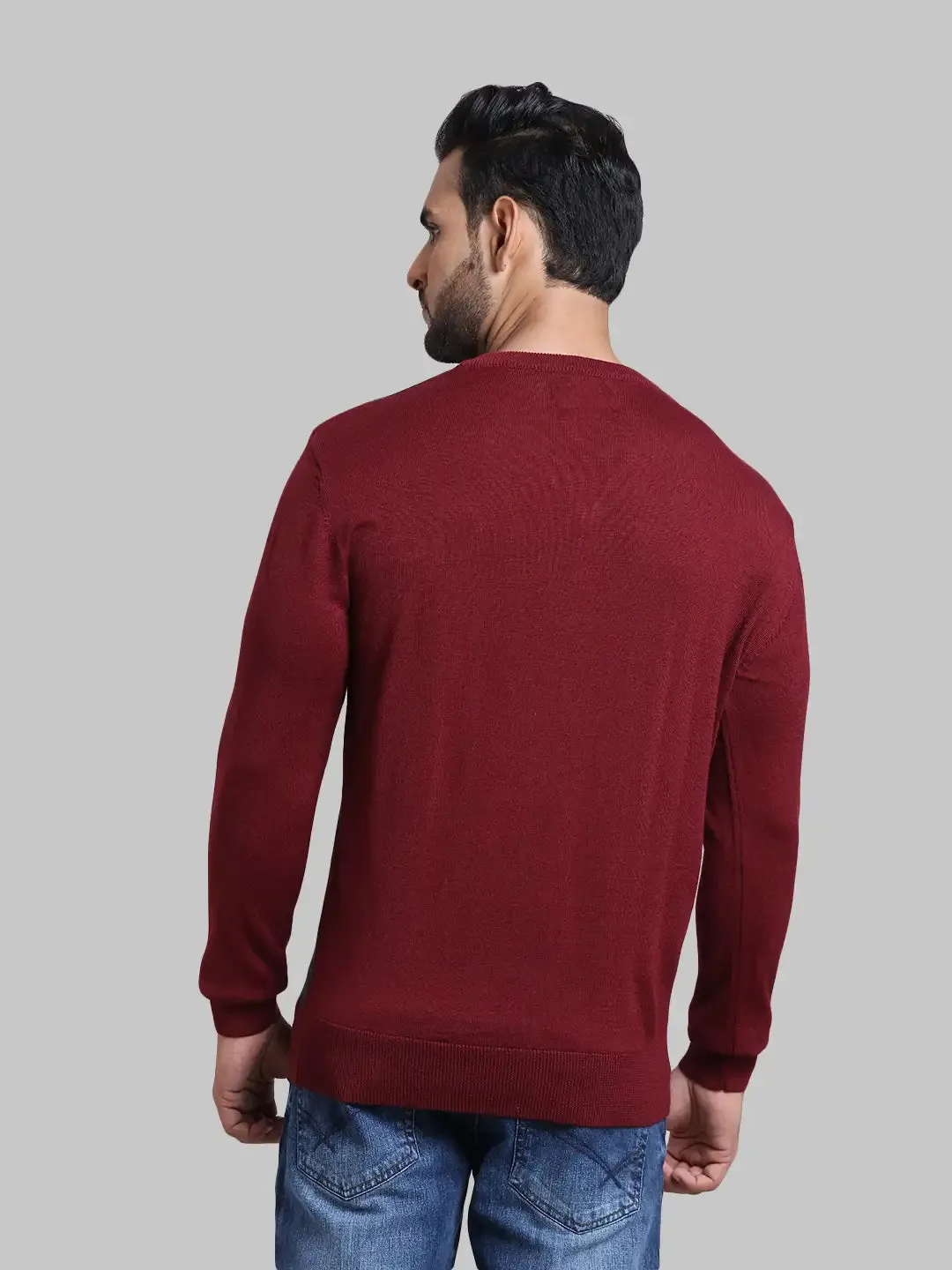 Men Maroon Tailored Fit Stripe Acrylic Wool Blend Full Sleeve V Neck Collar Sweaters