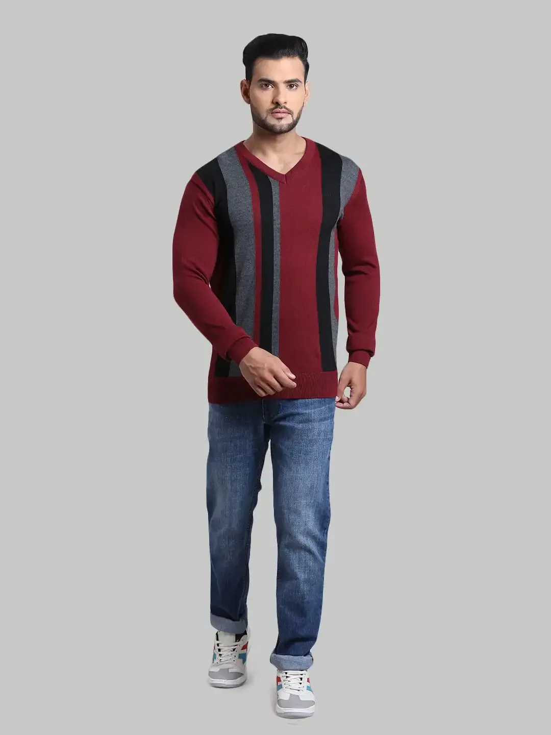 Men Maroon Tailored Fit Stripe Acrylic Wool Blend Full Sleeve V Neck Collar Sweaters