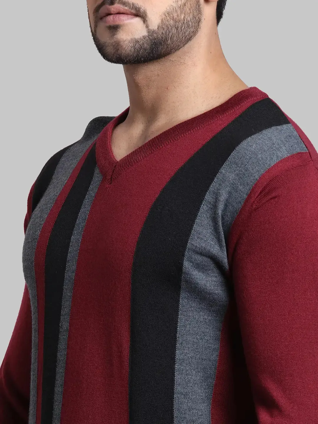 Men Maroon Tailored Fit Stripe Acrylic Wool Blend Full Sleeve V Neck Collar Sweaters