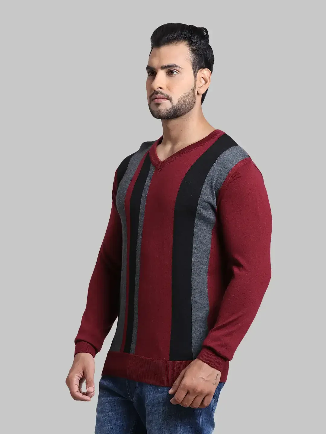 Men Maroon Tailored Fit Stripe Acrylic Wool Blend Full Sleeve V Neck Collar Sweaters