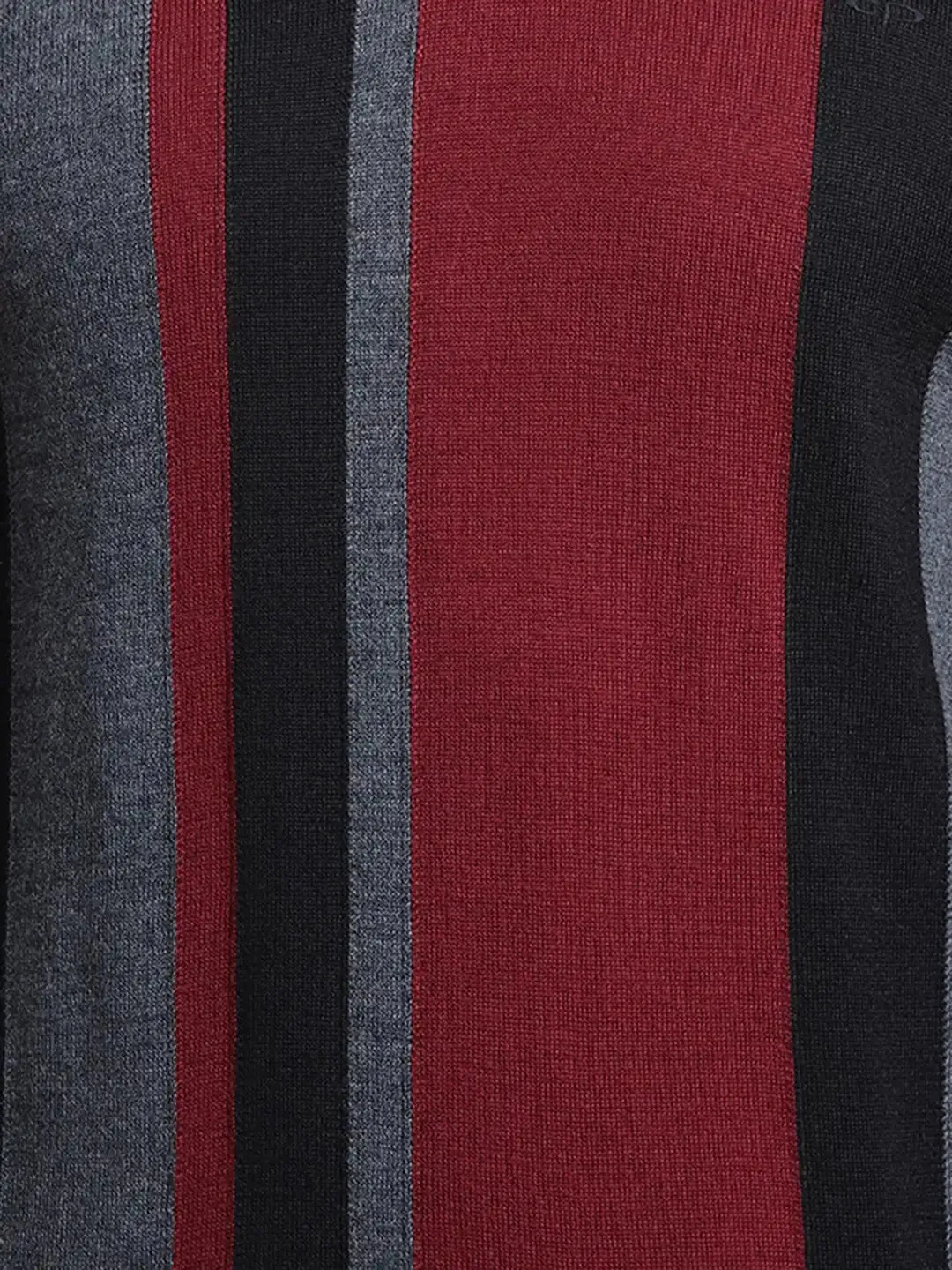 Men Maroon Tailored Fit Stripe Acrylic Wool Blend Full Sleeve V Neck Collar Sweaters