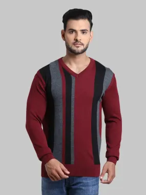 Men Maroon Tailored Fit Stripe Acrylic Wool Blend Full Sleeve V Neck Collar Sweaters
