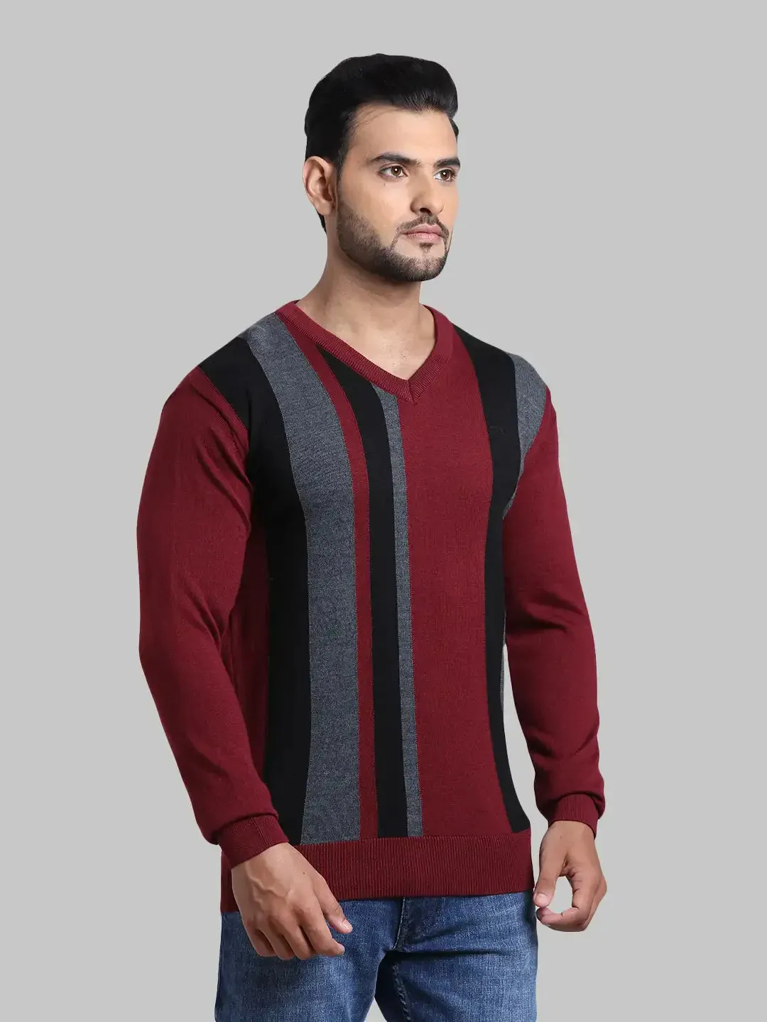 Men Maroon Tailored Fit Stripe Acrylic Wool Blend Full Sleeve V Neck Collar Sweaters