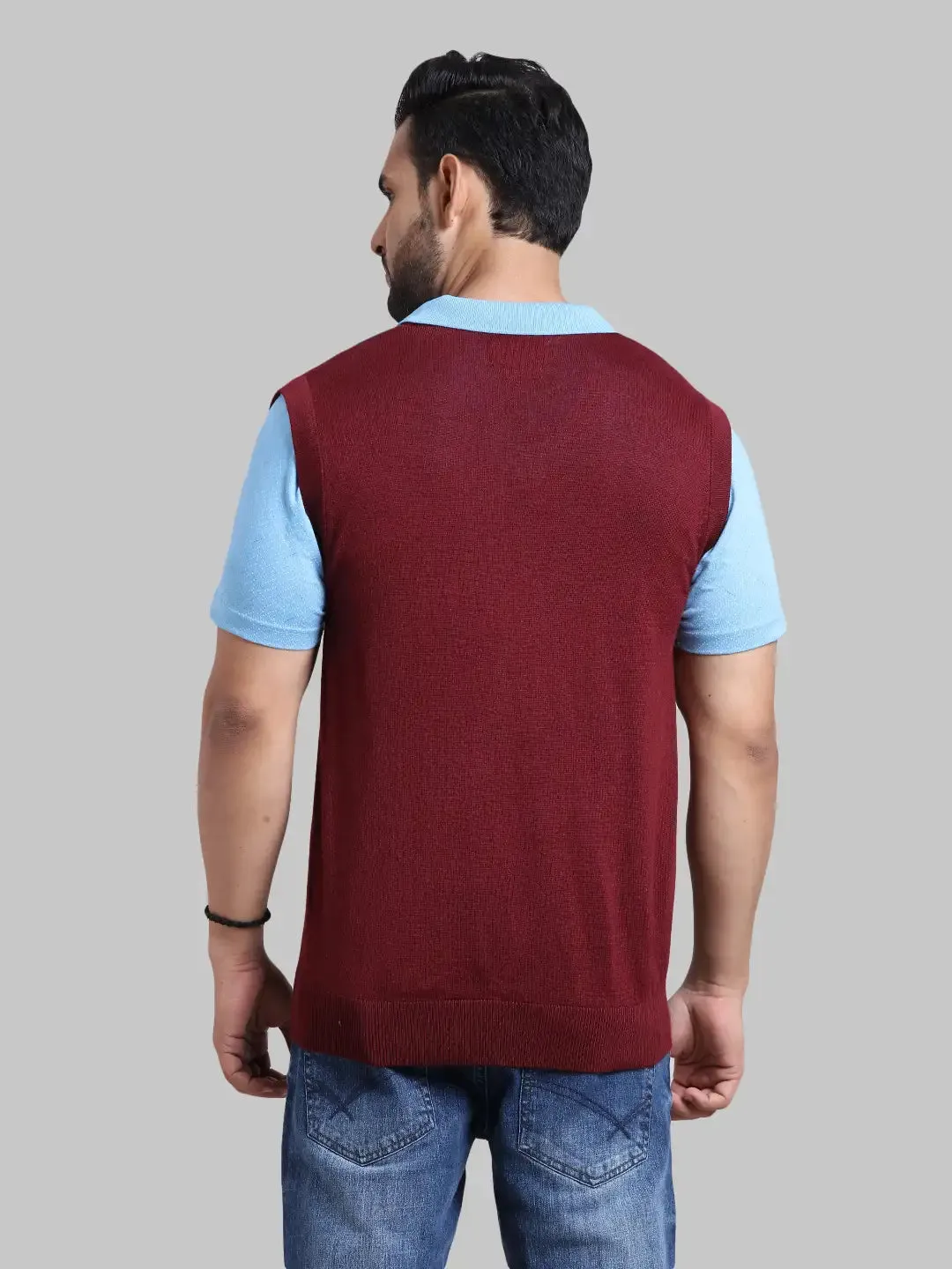 Men Navy Classic Fit Jacquard Acrylic Wool Blend Sleeveless V Neck Collar Sweaters