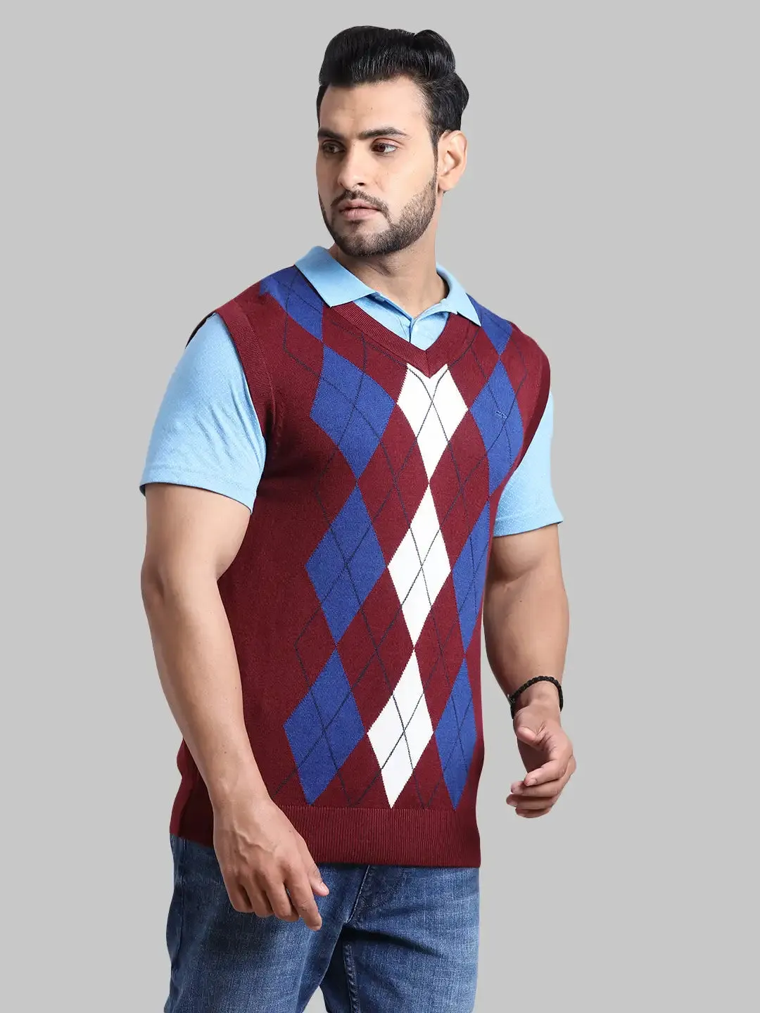 Men Navy Classic Fit Jacquard Acrylic Wool Blend Sleeveless V Neck Collar Sweaters