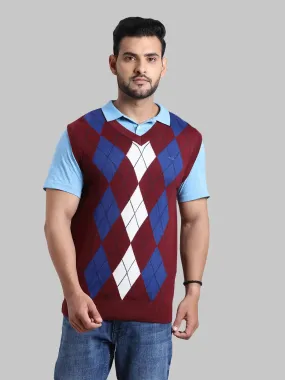 Men Navy Classic Fit Jacquard Acrylic Wool Blend Sleeveless V Neck Collar Sweaters