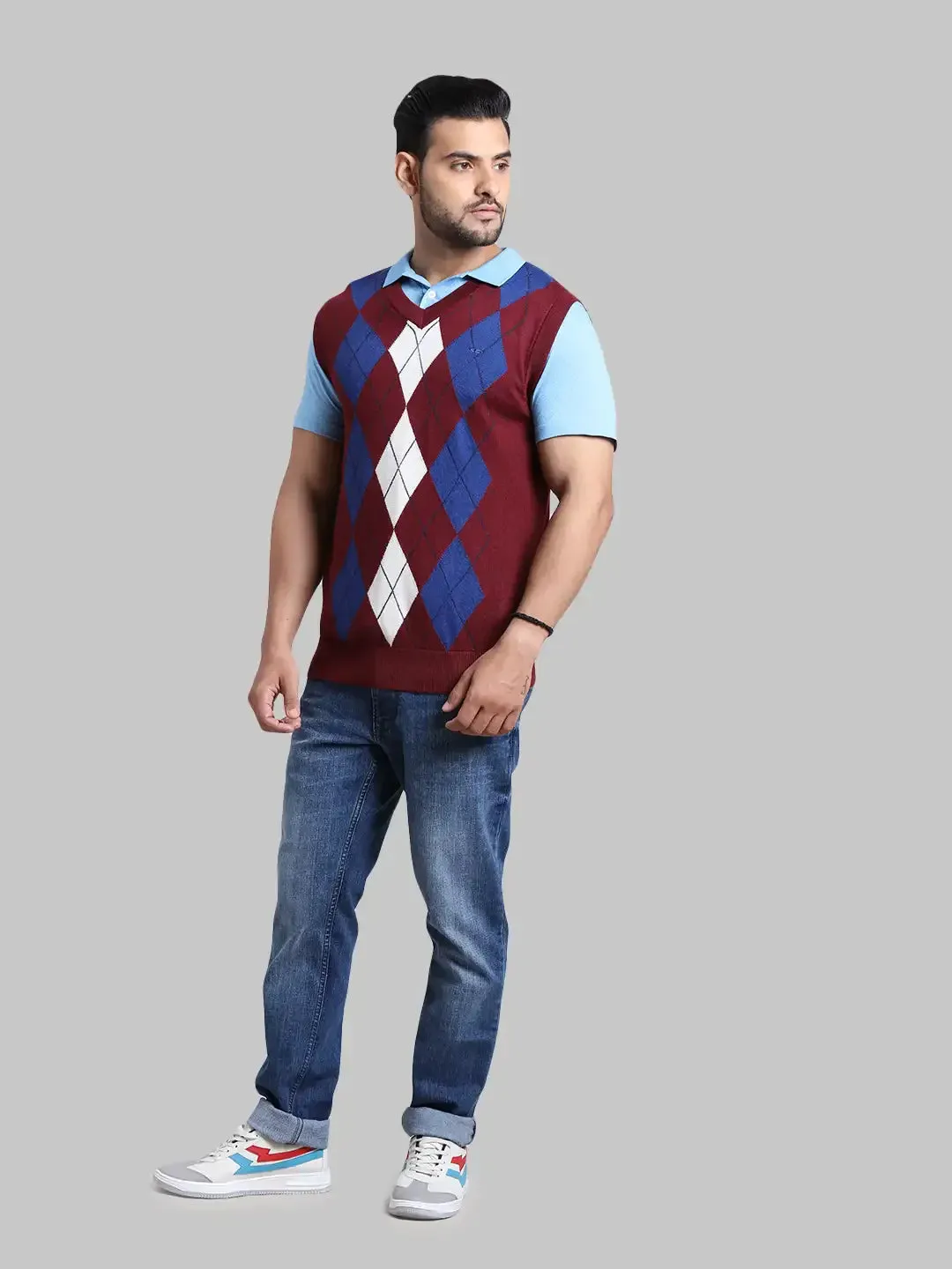 Men Navy Classic Fit Jacquard Acrylic Wool Blend Sleeveless V Neck Collar Sweaters