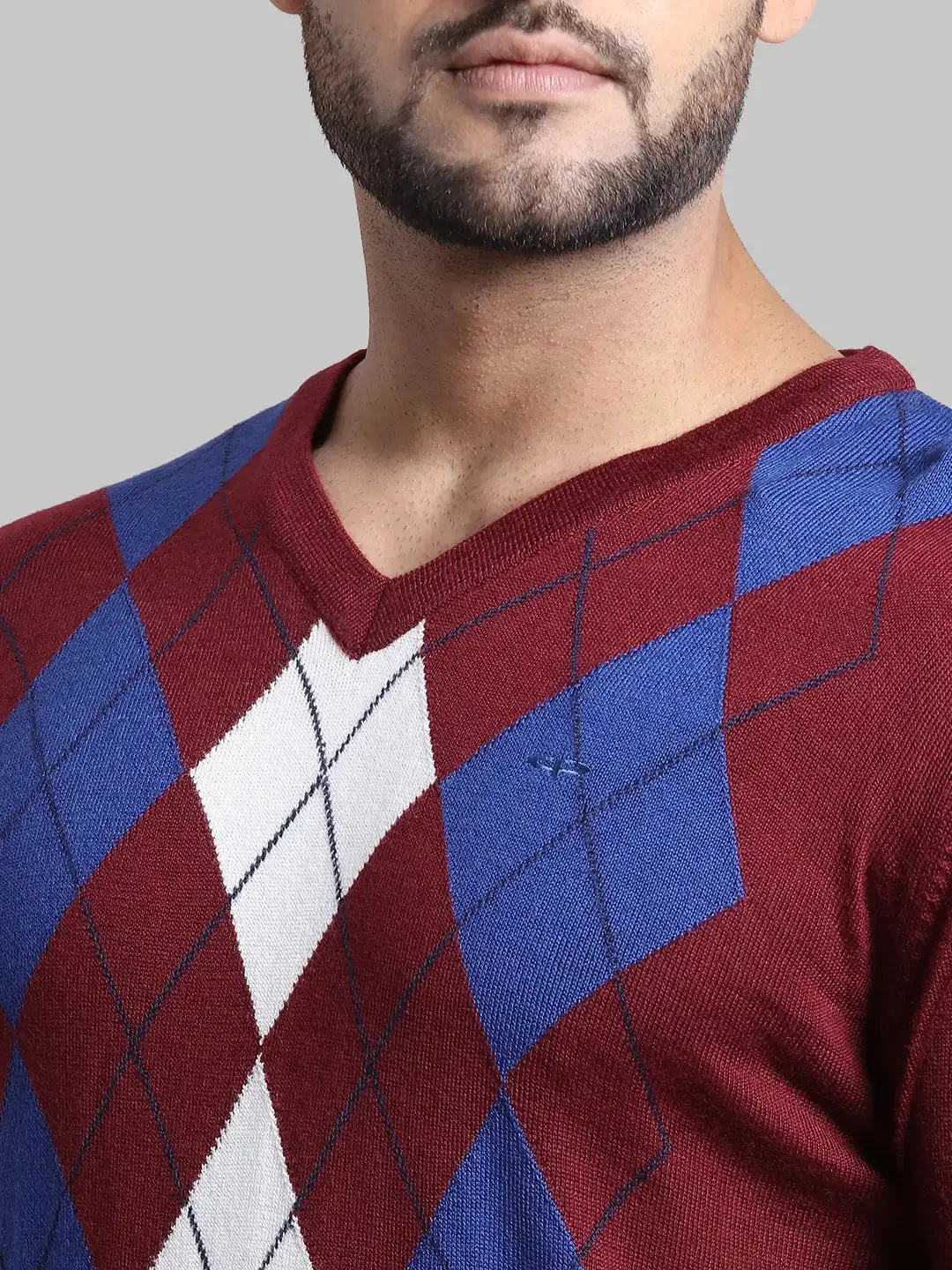 Men Navy Tailored Fit Jacquard Acrylic Wool Blend Full Sleeve V Neck Collar Sweaters