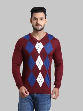 Men Navy Tailored Fit Jacquard Acrylic Wool Blend Full Sleeve V Neck Collar Sweaters