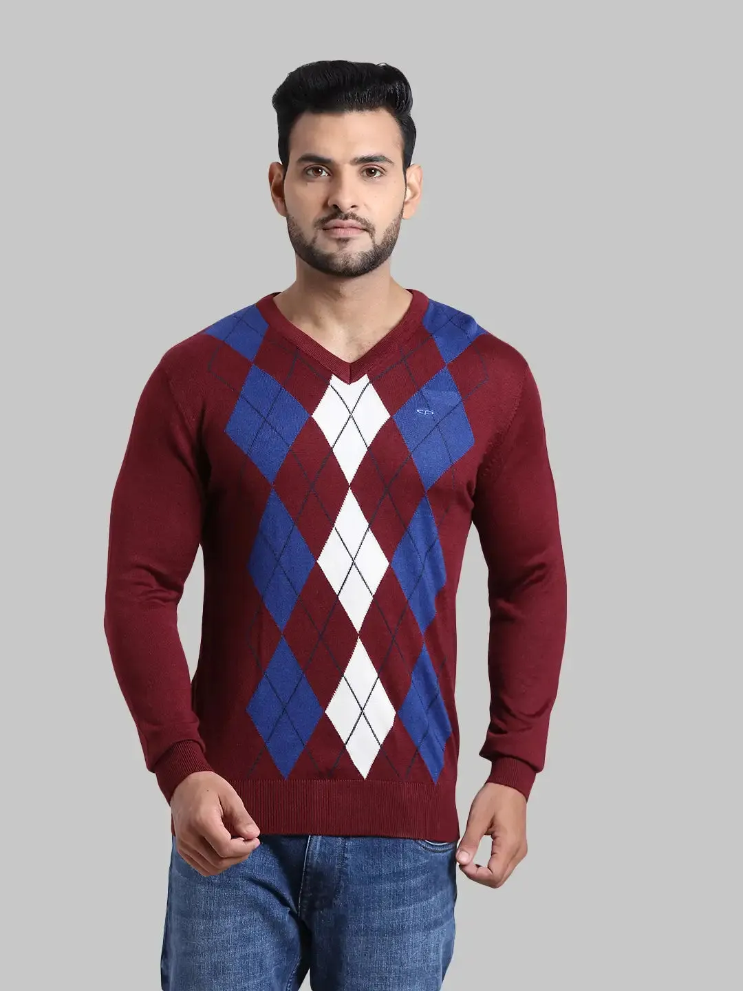 Men Navy Tailored Fit Jacquard Acrylic Wool Blend Full Sleeve V Neck Collar Sweaters