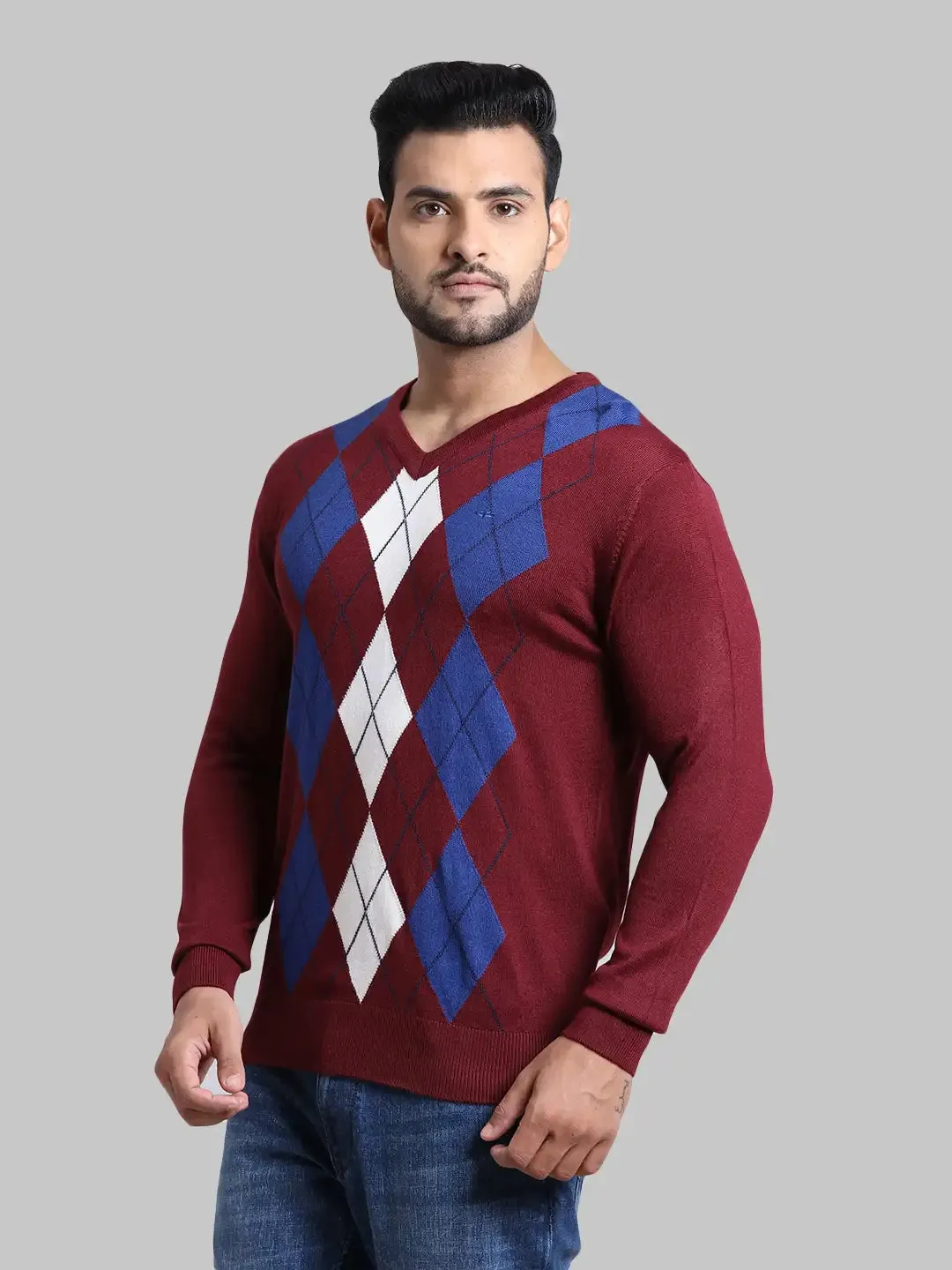 Men Navy Tailored Fit Jacquard Acrylic Wool Blend Full Sleeve V Neck Collar Sweaters