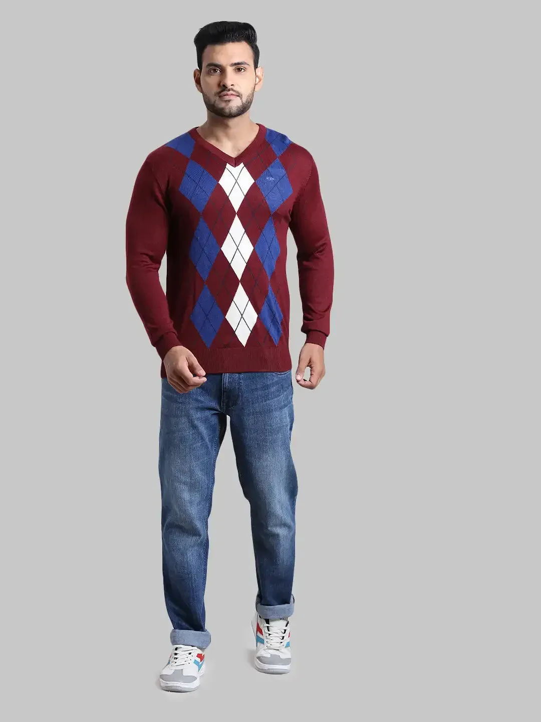 Men Navy Tailored Fit Jacquard Acrylic Wool Blend Full Sleeve V Neck Collar Sweaters
