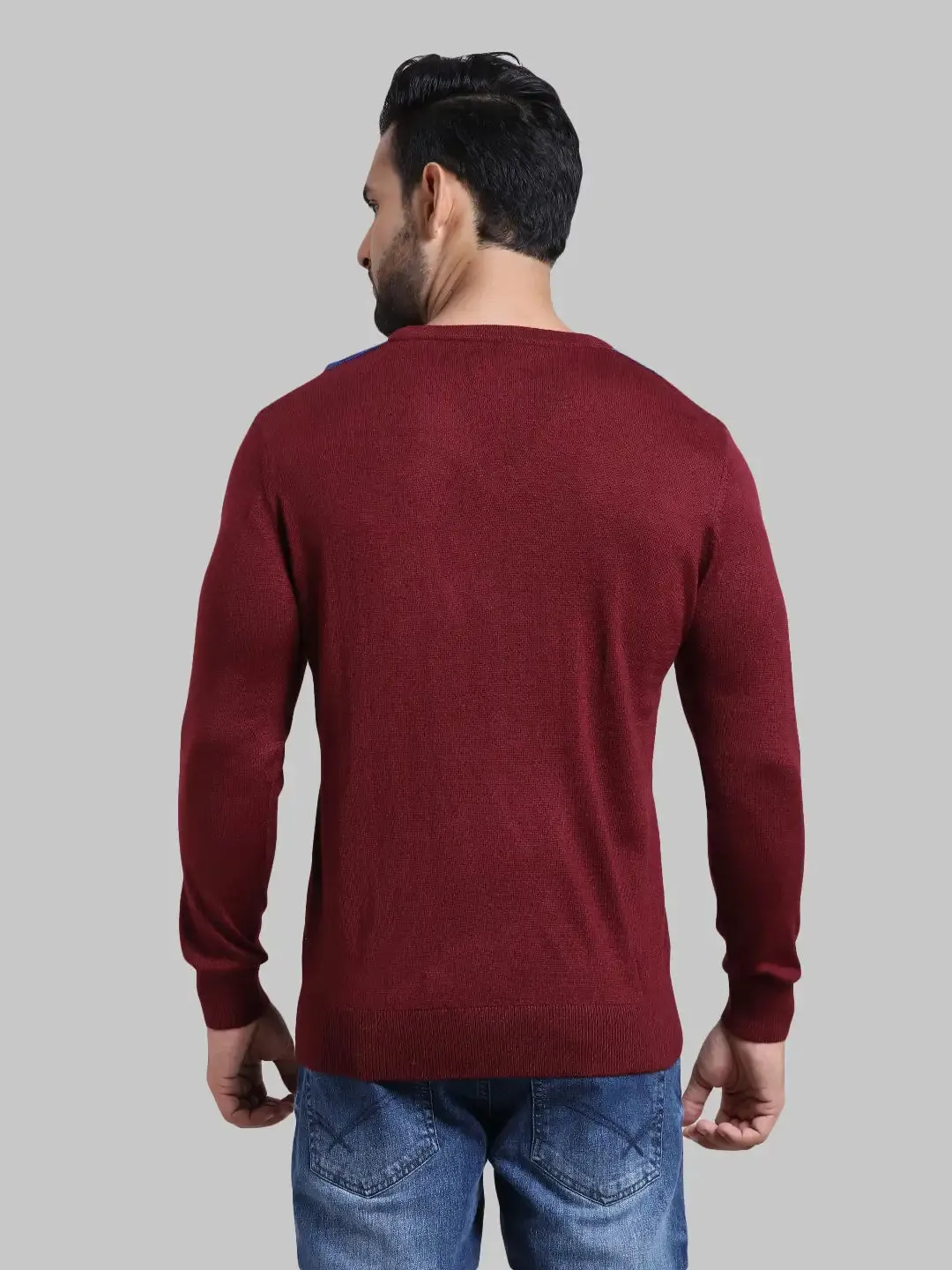 Men Navy Tailored Fit Jacquard Acrylic Wool Blend Full Sleeve V Neck Collar Sweaters
