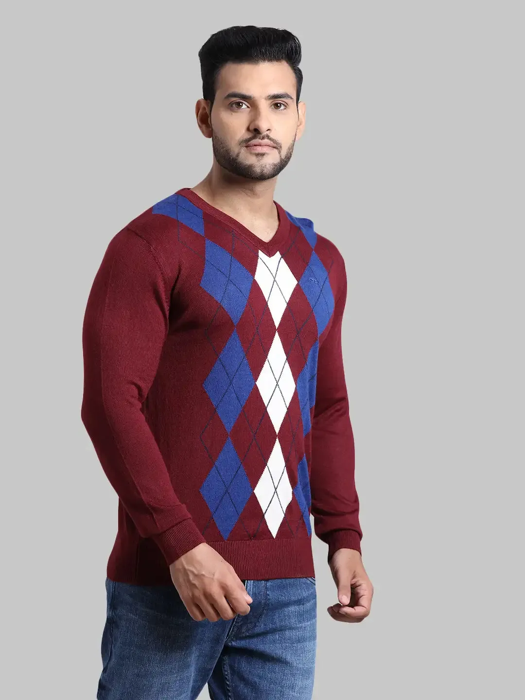 Men Navy Tailored Fit Jacquard Acrylic Wool Blend Full Sleeve V Neck Collar Sweaters