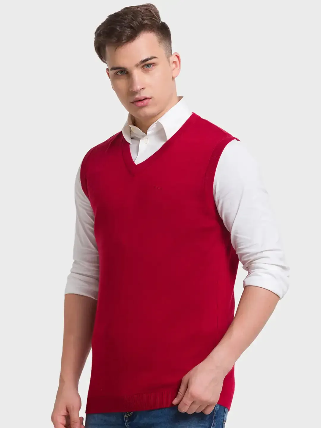 Men Red Classic Fit Solid Merino Wool Acrylic Blend Sleeveless V Neck Collar Sweaters