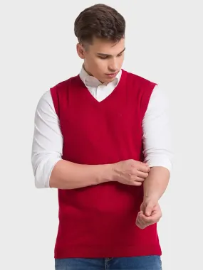 Men Red Classic Fit Solid Merino Wool Acrylic Blend Sleeveless V Neck Collar Sweaters