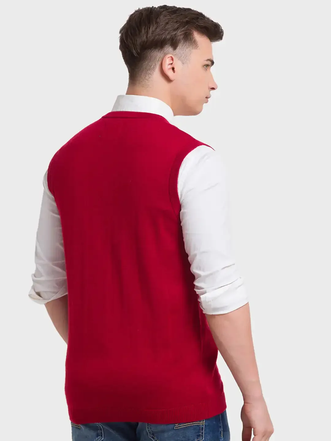 Men Red Classic Fit Solid Merino Wool Acrylic Blend Sleeveless V Neck Collar Sweaters