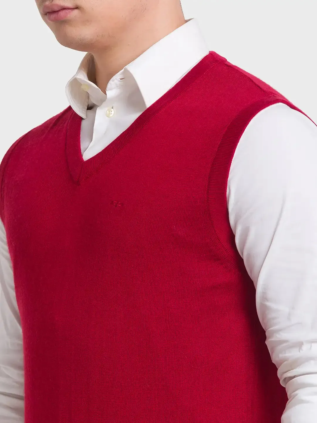 Men Red Classic Fit Solid Merino Wool Acrylic Blend Sleeveless V Neck Collar Sweaters