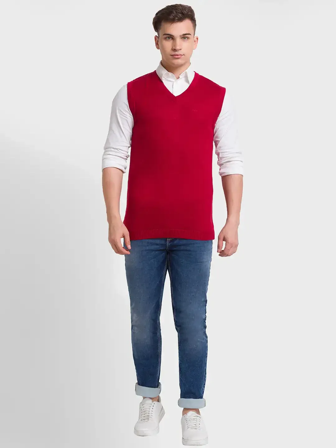 Men Red Classic Fit Solid Merino Wool Acrylic Blend Sleeveless V Neck Collar Sweaters