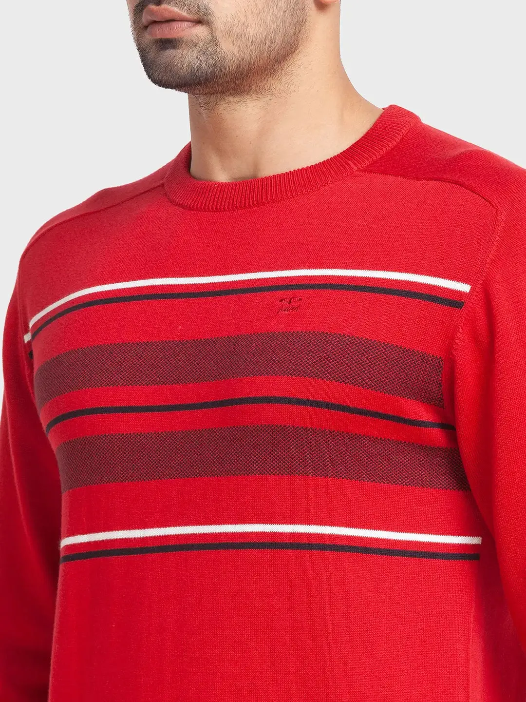 Men Red Tailored Fit Jacquard Cotton Full Sleeve Round Collar Sweaters
