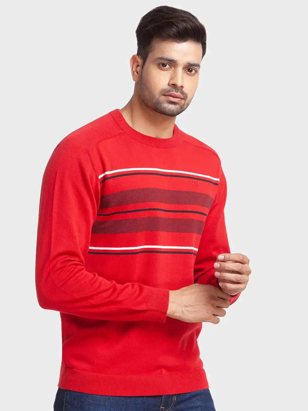 Men Red Tailored Fit Jacquard Cotton Full Sleeve Round Collar Sweaters