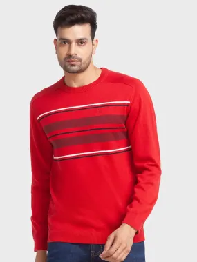 Men Red Tailored Fit Jacquard Cotton Full Sleeve Round Collar Sweaters