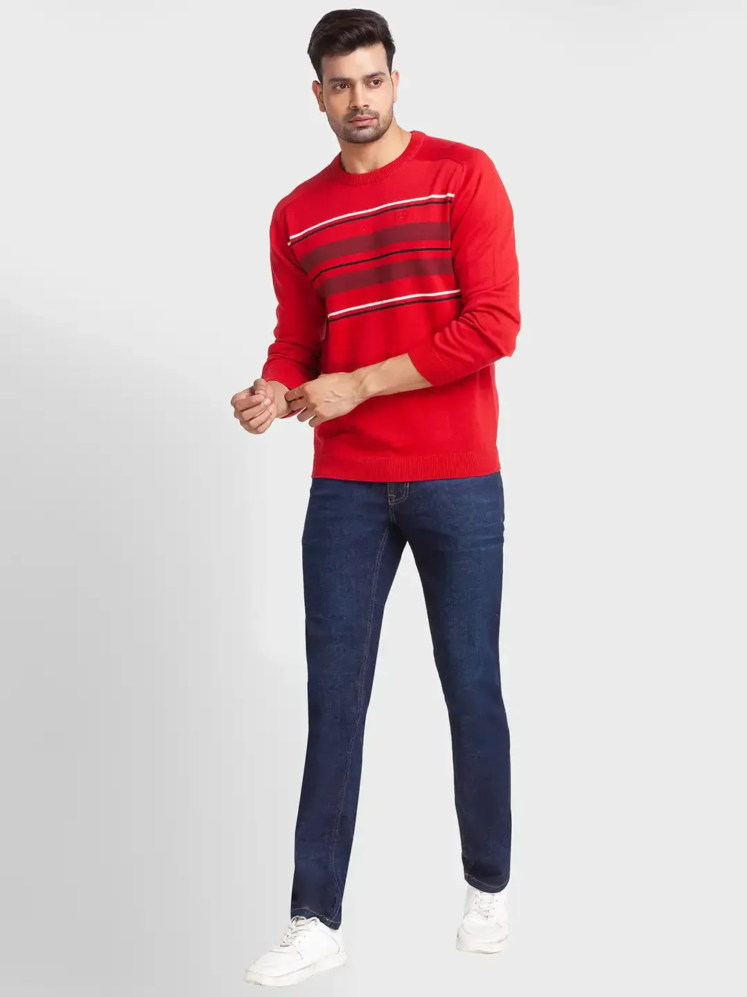 Men Red Tailored Fit Jacquard Cotton Full Sleeve Round Collar Sweaters