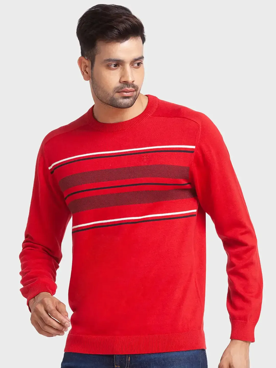 Men Red Tailored Fit Jacquard Cotton Full Sleeve Round Collar Sweaters