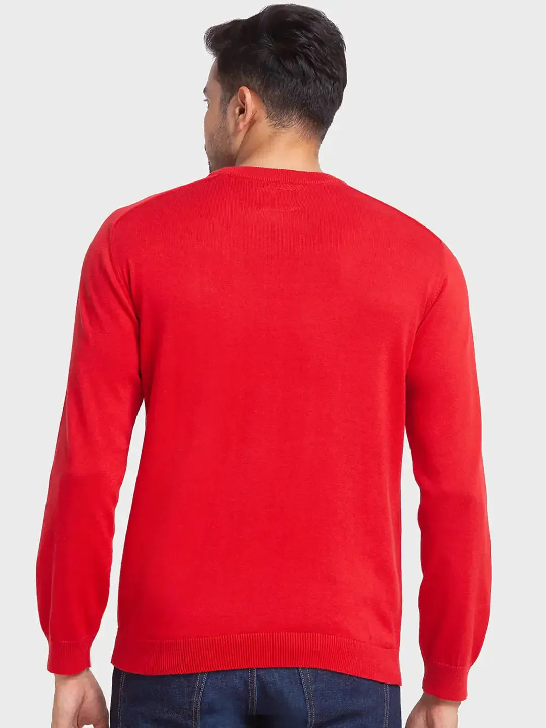 Men Red Tailored Fit Jacquard Cotton Full Sleeve Round Collar Sweaters