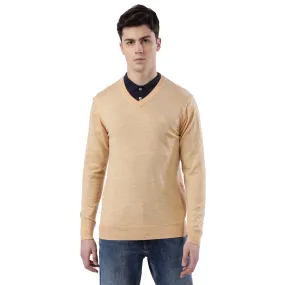 Men Yellow Contemporary Fit Wool Blend V Neck Collar Sweaters